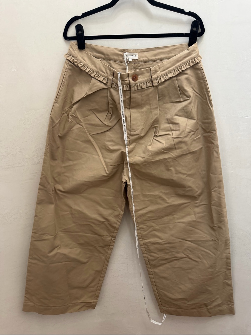 Ruffle-Waist Wide-Leg Chinos in Beige